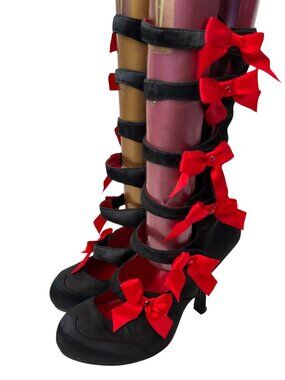 Funtasma high heels Burlesque 129 black satin red bows size 7 straps